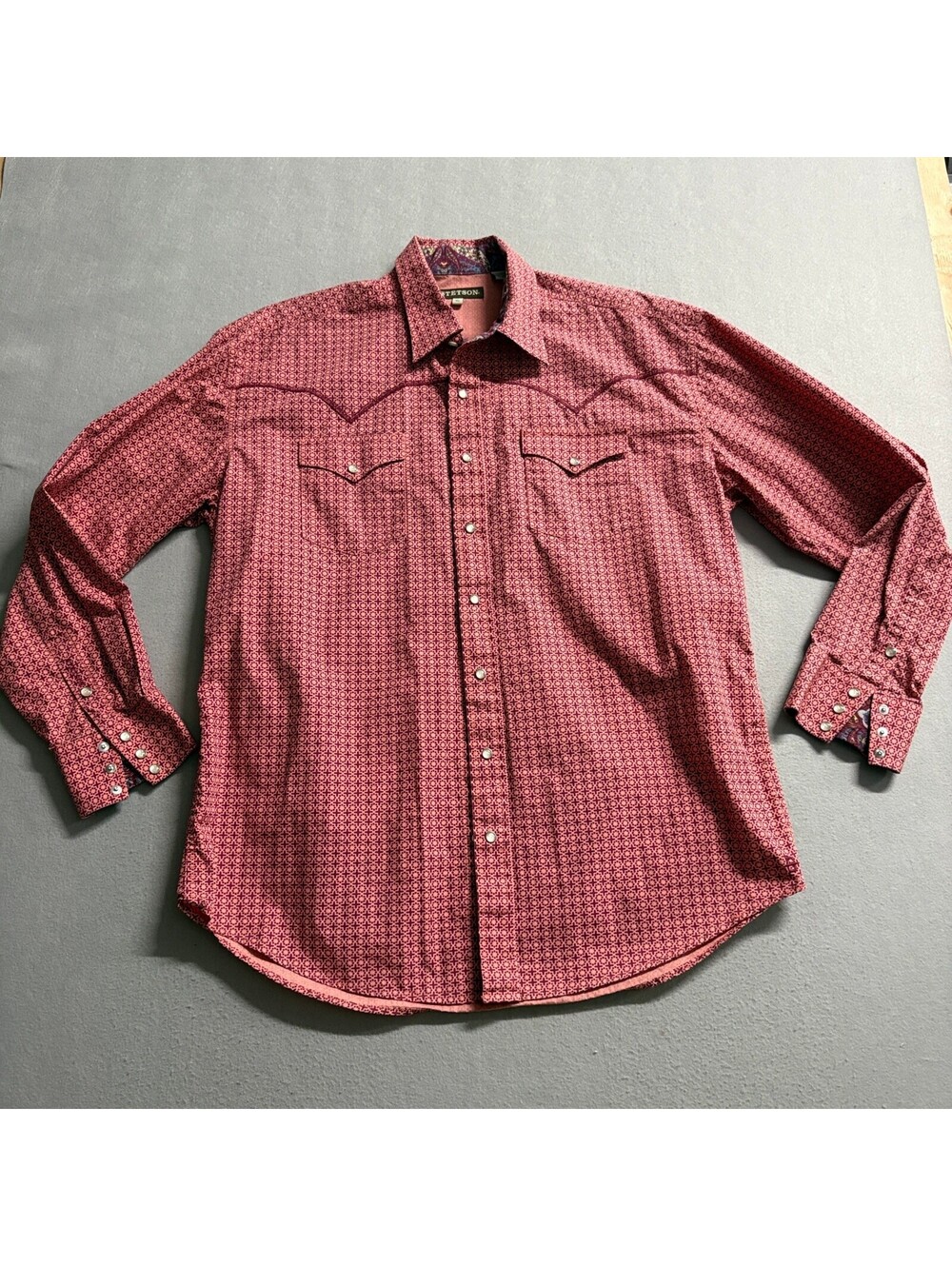 Stetson Western Shirt Mens XL Pink Purple Geometric Pearl Snap Long Sleeve